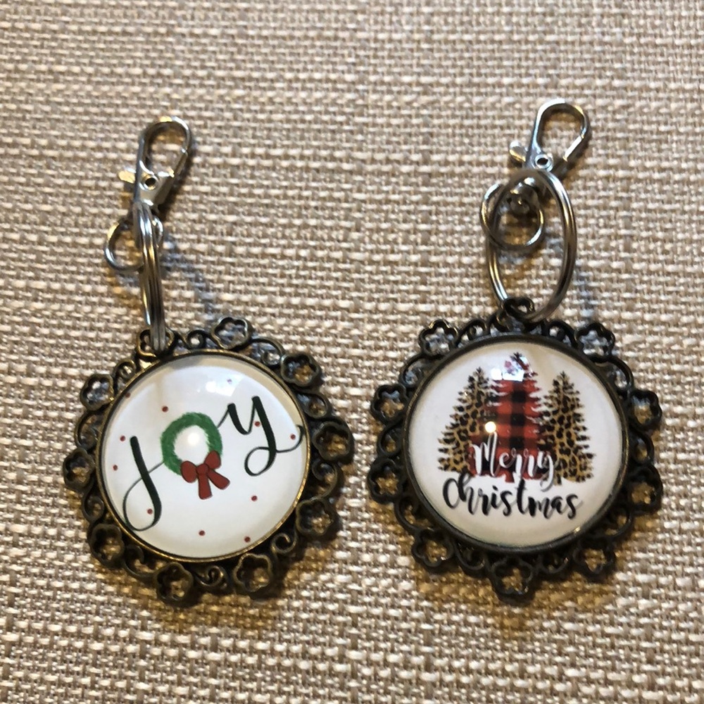 Festive Holiday Keychain Set - Joy and Merry Christmas purse tag or back pack